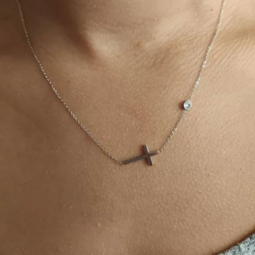 Gold Sideways Cross Necklace Cubic Zirconia Charm - Picture 7 of 8